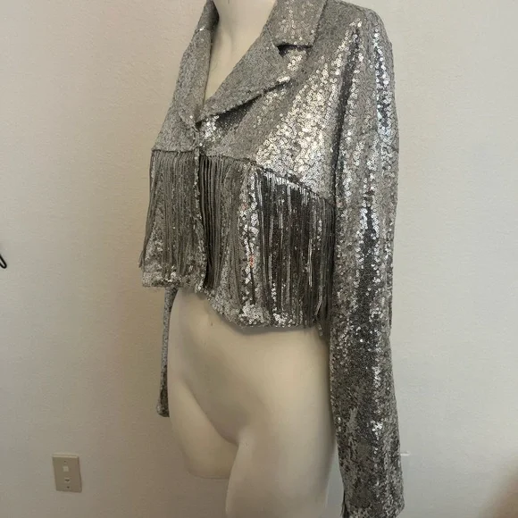 Saints & Hearts Silver Sequin Fringe Cropped Jacket - Picture 7 of 10